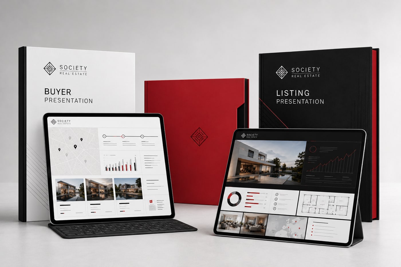 Society Real Estate buyer and listing presentations — printed books, branded folder and tablet versions